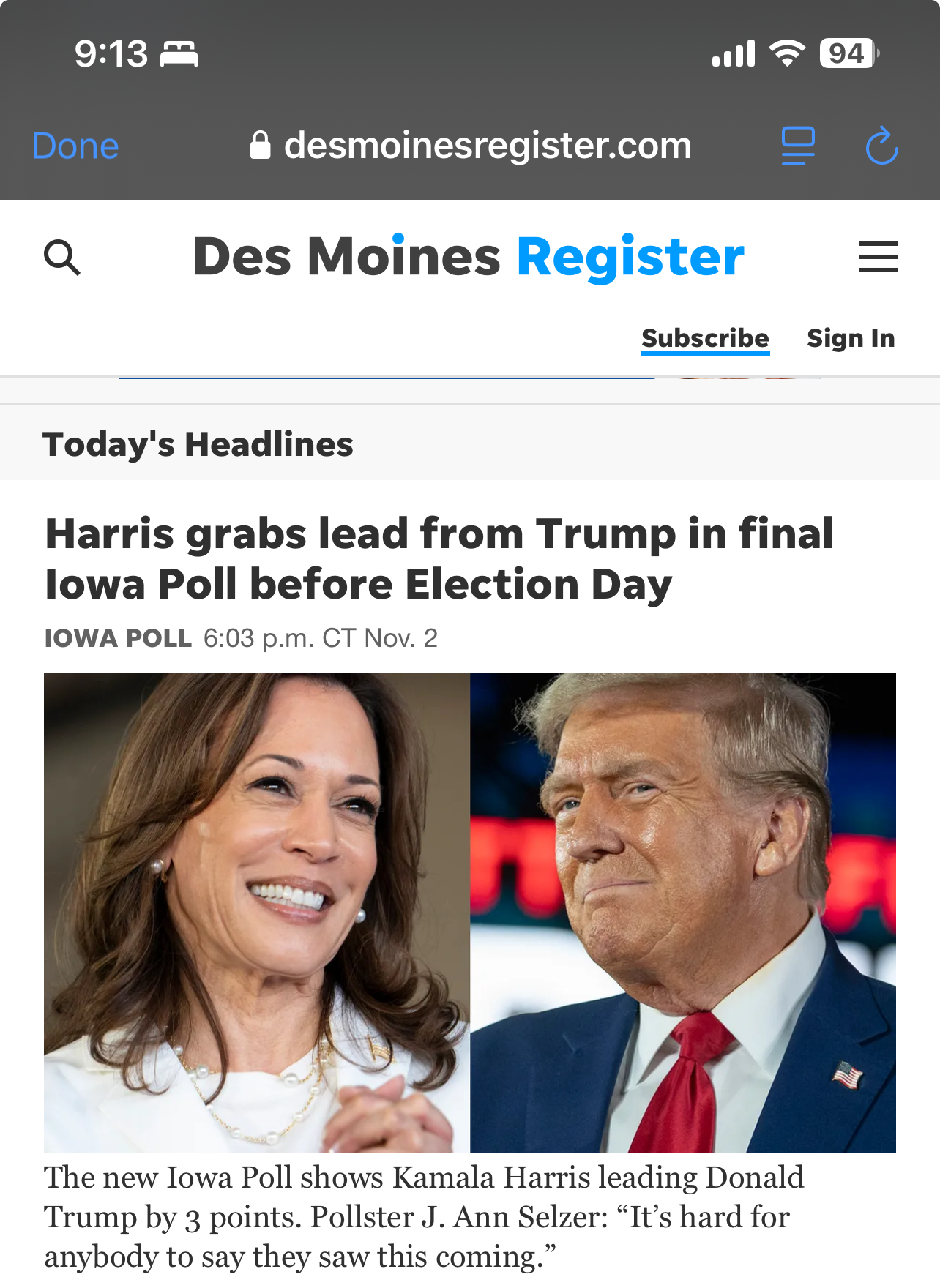 A news headline on the Des Moines Register website reports Kamala Harris leading Donald Trump in a final Iowa poll before Election Day.