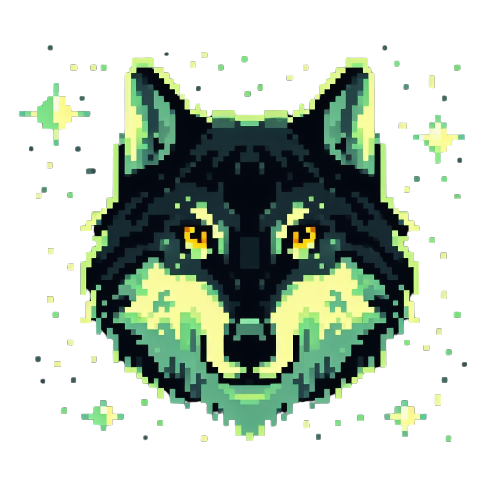 Auto-generated description: A pixel art depiction of a wolf's head surrounded by glowing pixel stars.