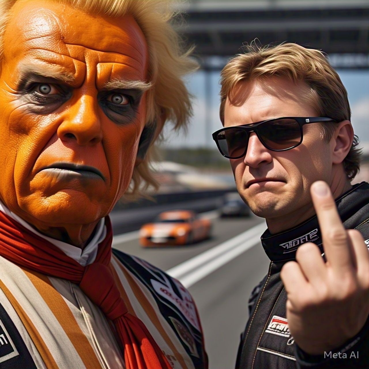 Two men are posing on a race track, one with orange face paint and the other wears sunglasses  giving a rude gesture with his hand.