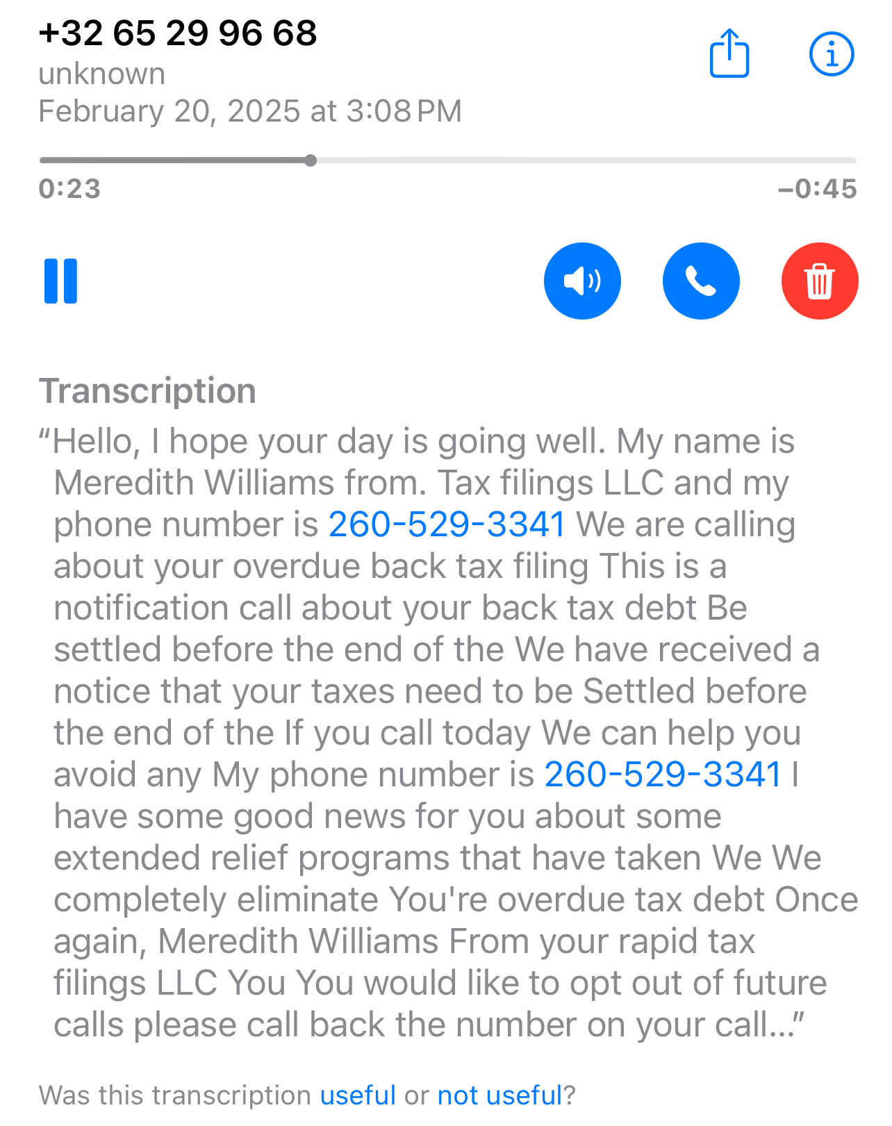 A voicemail transcription displays a scam message about overdue back tax filings with two highlighted phone numbers.