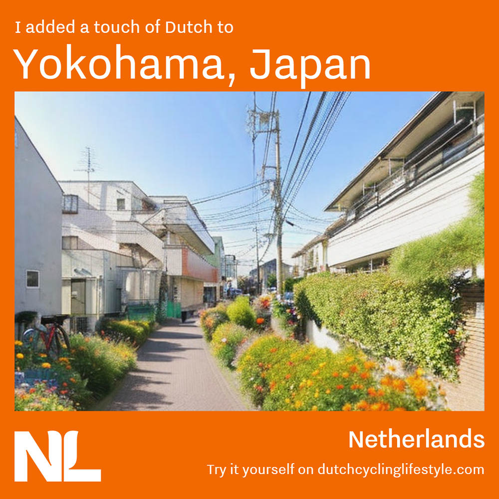 A street in a residential part of northern Yokohama, Japan goes from being a narrow strip of asphalt with houses on both sides to having Dutch style brick pavers and planter boxes with lots of shrubs in a fade in transition.