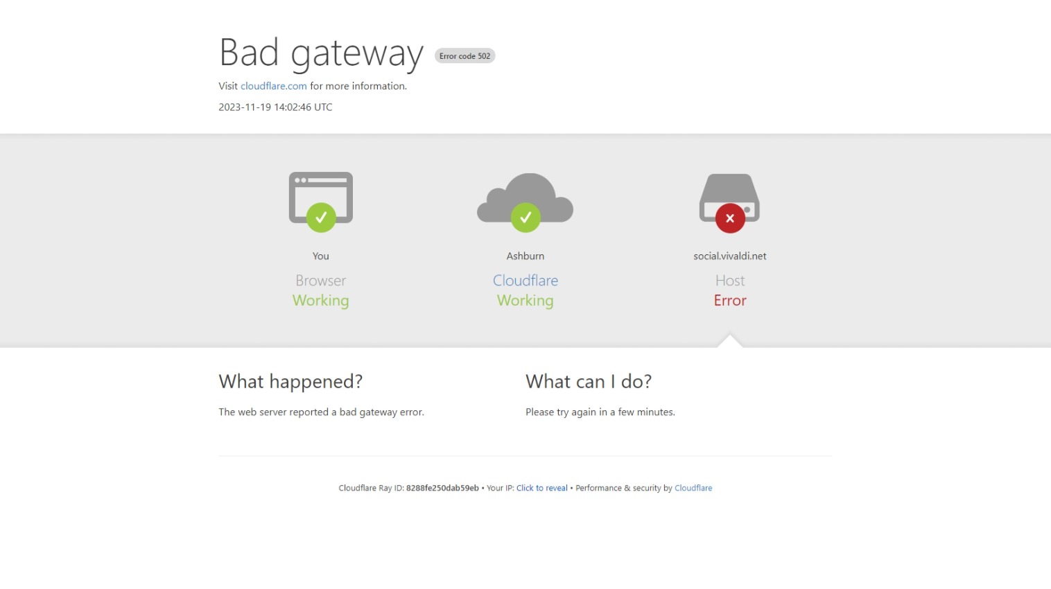 cloudflare bad gateway error screenshot showing social.vivaldi.net's current offline status