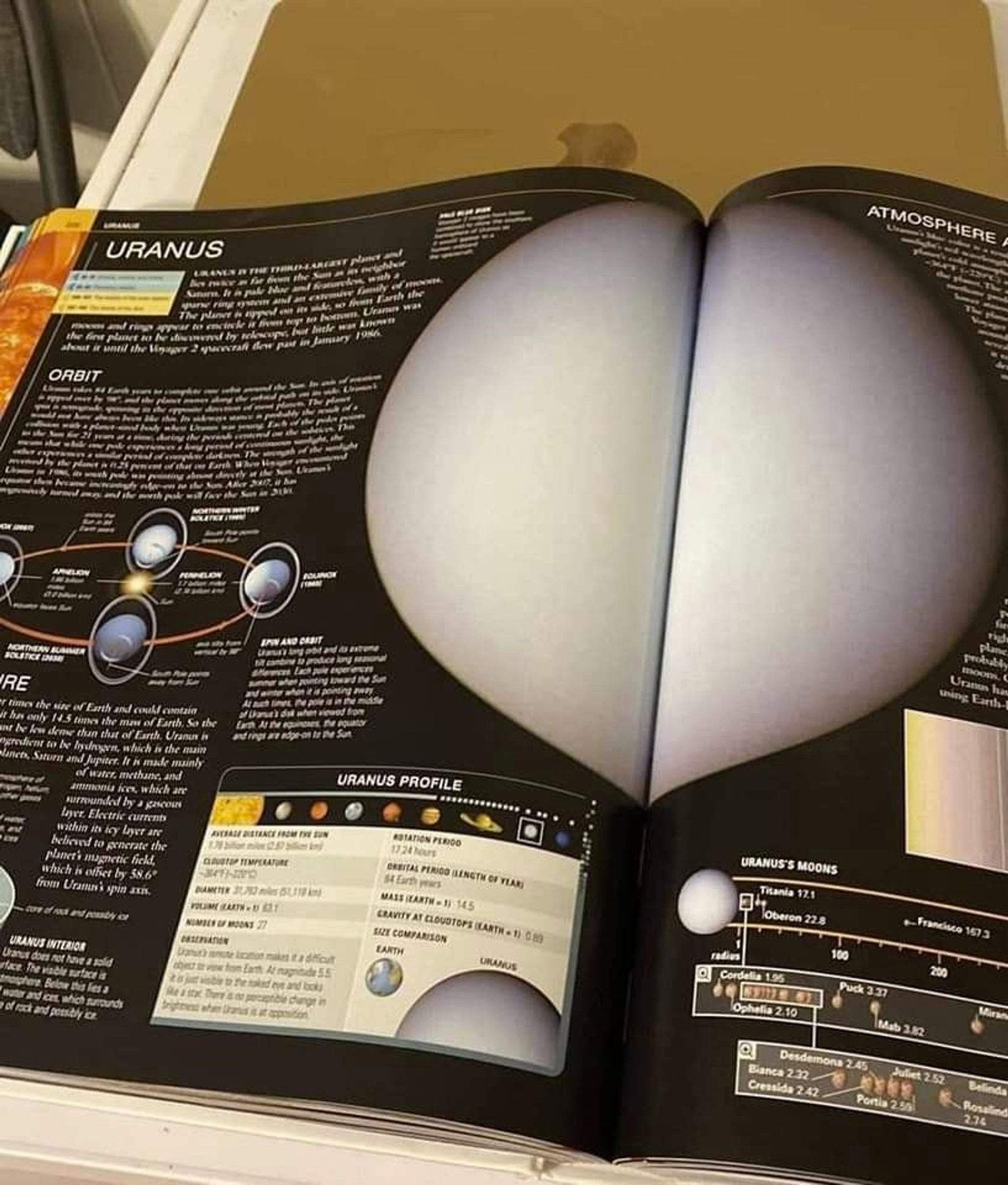 This image is a page from a book about the planet Uranus. It has facts and a picture of the planet. Some of the facts are: Uranus is the seventh planet from the Sun and the third-largest in the solar system. Uranus has an orbital period of about 84 Earth years and rotates on its side. Uranus has a thick atmosphere of mostly hydrogen and helium, with traces of methane that give it a blue-green color. Uranus has 27 known moons and 13 rings. The picture in the book is split down the middle making the planet look like someone's butt.