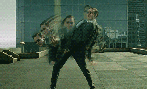 the iconic Agent dodging gunfire scene from The Matrix