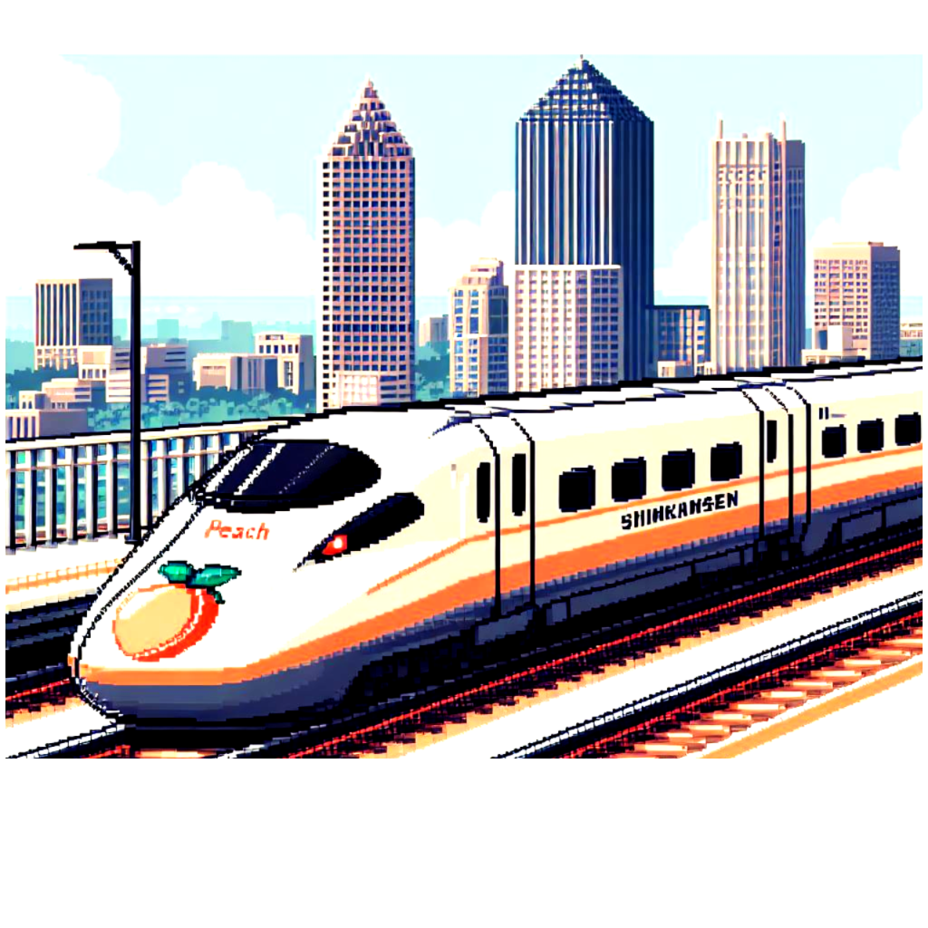a pixel art rendering of a high speed rail train running with the Atlanta skyline in the distance.