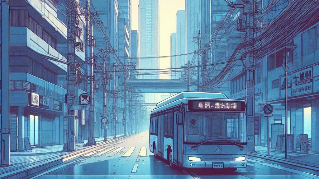 A transit bus on an empty street. There are no people in the image and the city looks abandoned. In the style of Japanese cyberpunk animation such as Evangelion and Ghost in the Shell