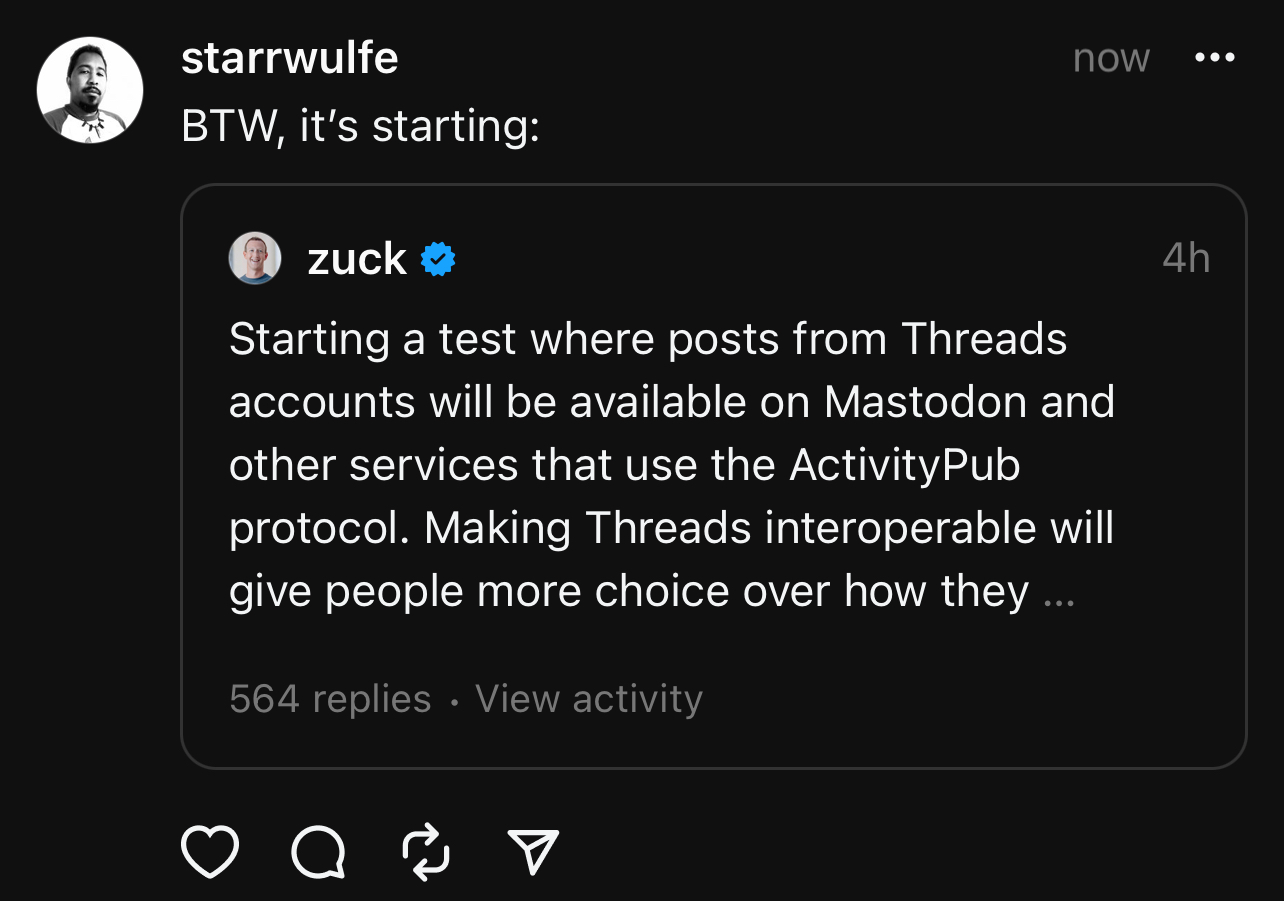 screenshot of a posting on Threads where Mark Zuckerberg announced social network Threads will be starting its activity pub interoperability testing now.