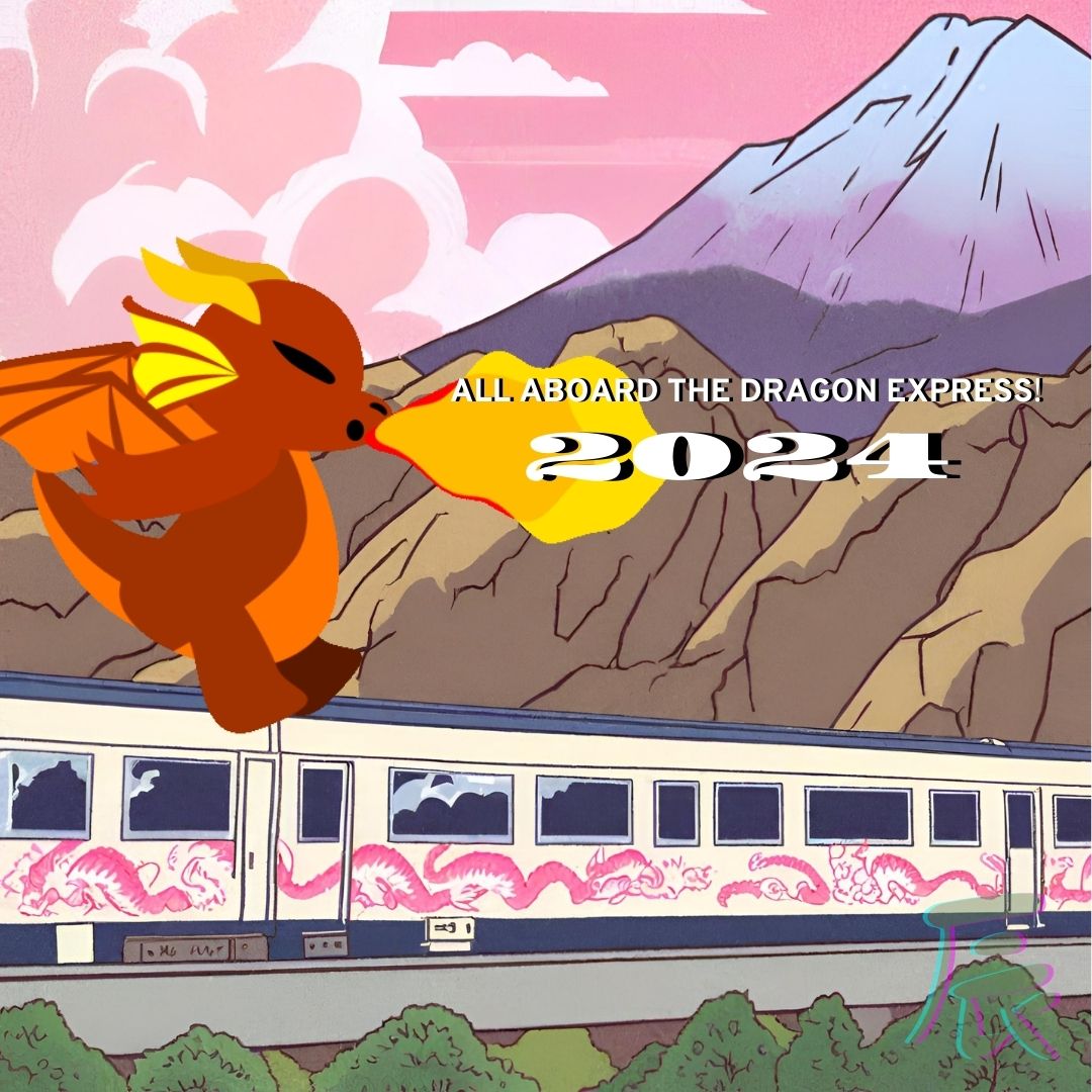 A self designed anime scene of a train in the Japanese mountains with a dragon livery. A cute little red draggo puffs a flame with the words "All aboard the Dragon Express 2024!" in bold letters.