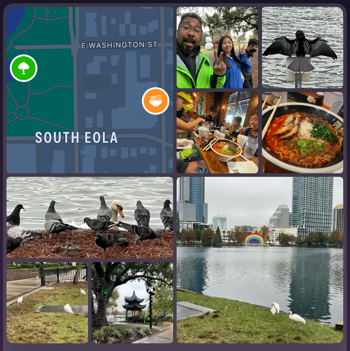 scenes from my family's Orlando jaunt in December of 2023. Mostly shots of Lake Eola in Orlando and a map.