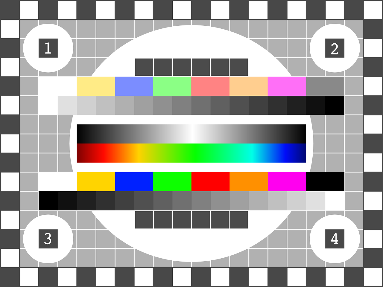 A test pattern, used to test broadcast TV definition and the fidelity of a video screen.