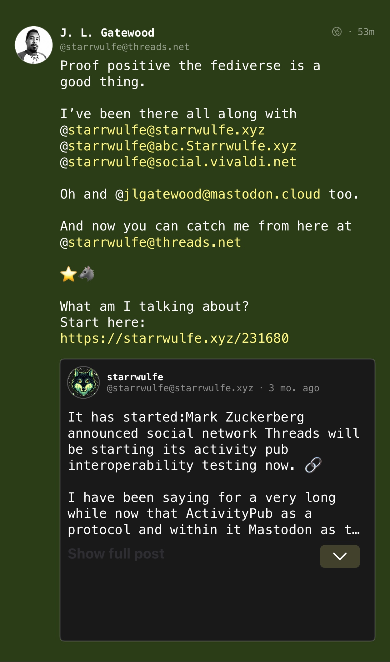 Threads post as seen from a mastodon account