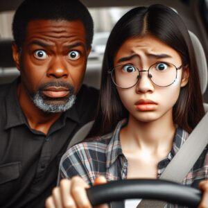AI generated depiction of a  nervous father teaching his teenaged daughter how to drive as seen from the front of the car. The parent is an african-american man in his mid-40s with a with a goatee and eye glasses. The daugher is around 16 years old, Asian with long hair. Both have nervous expressions. Loosely based on what I'll probably be looking like with my daughter in a few days.
