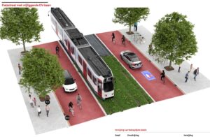 The image presents a conceptual design for a multi-modal city street, featuring a tram on a dedicated track, a red cycling path, and pedestrian walkways. Trees add greenery, and annotations in Dutch provide details. It’s a vision for urban planning that accommodates various forms of transportation and promotes a sustainable environment from the City of Amsterdam's Red Book on Urban Design