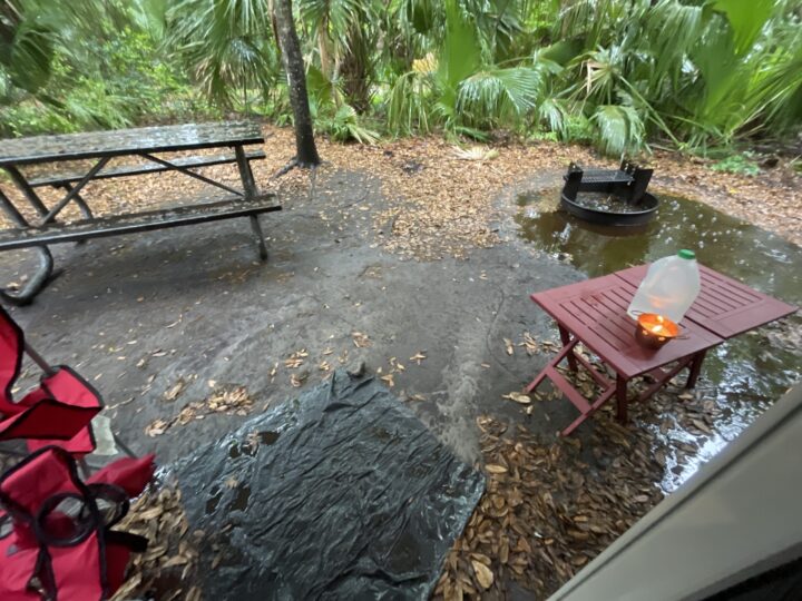 Flooded out campsite as seen from side door of RV