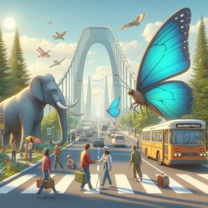 A large mastodon and butterfly stand at a bridge entrance while cars and people cross.