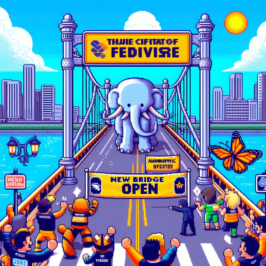 An 8bit image of a new bridge opening with a mastodon walking across while a group of people are happy to cross and hang out